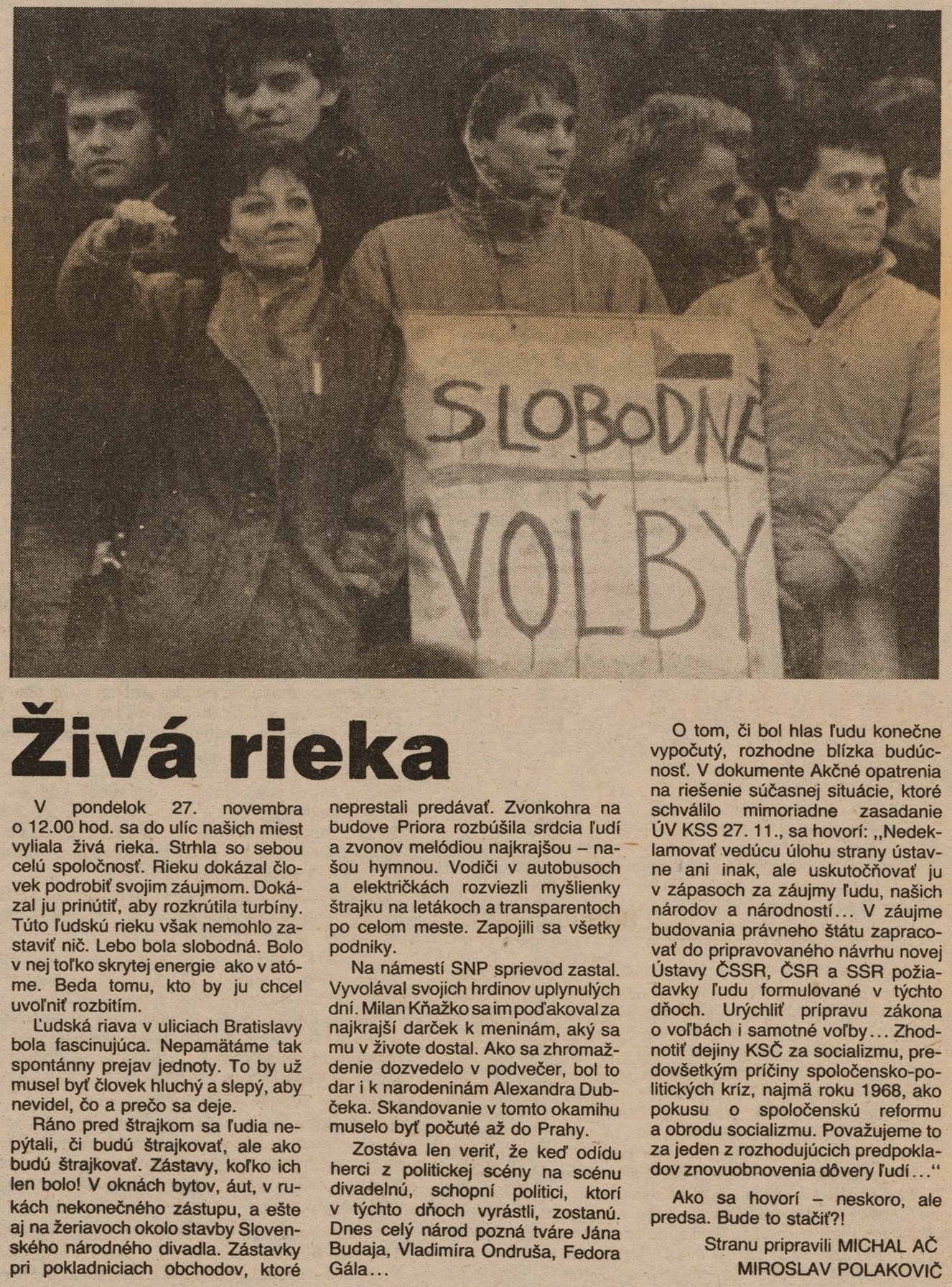 Michal Ač, Miroslav Polakovič, Živá rieka (článok v periodiku Nedeľná pravda). 1989. Archív Dušana Kobliška